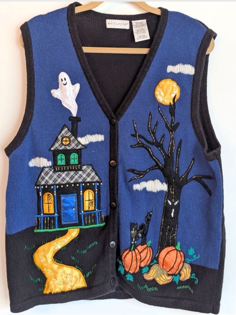 90s White Stag Blue Halloween Knit Vest with Haunted House & Pumpkins